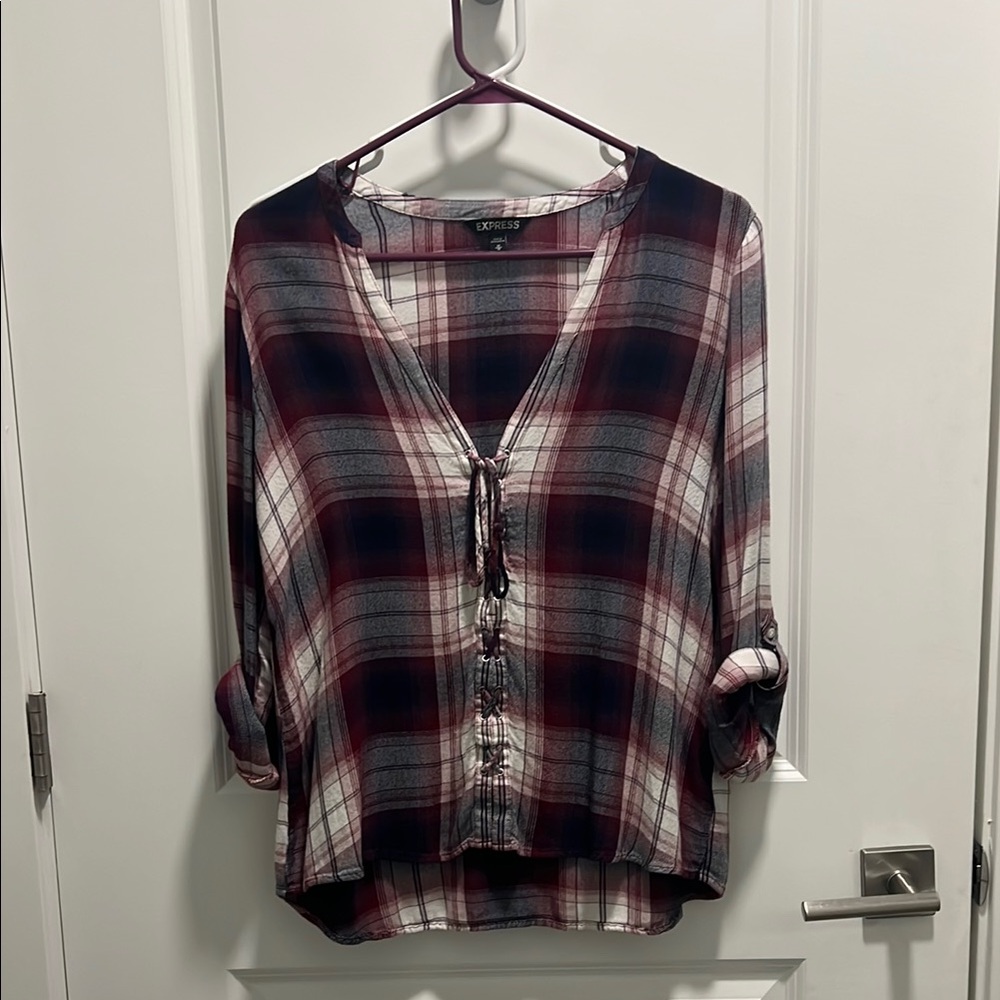 Express Women's Plaid Top - Red and Blue